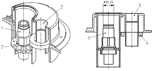 Рисунок А.3 - Пример заливной горловины с адаптерами впускного отверстия для открытой и герметичной систем дозаправки